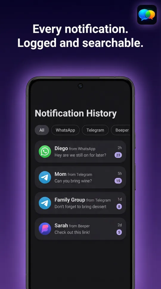 Searchable notification history